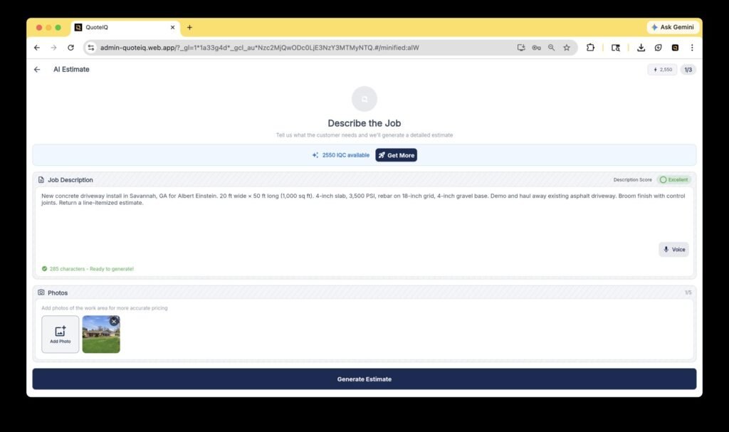 QuoteIQ AI Estimator screen for generating a job estimate (QuoteIQ product screenshot)