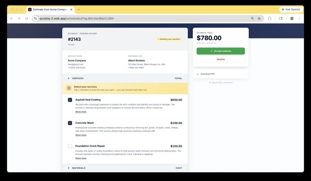 QuoteIQ Options Estimates screen showing Good, Better and Best pricing tiers (QuoteIQ product screenshot)